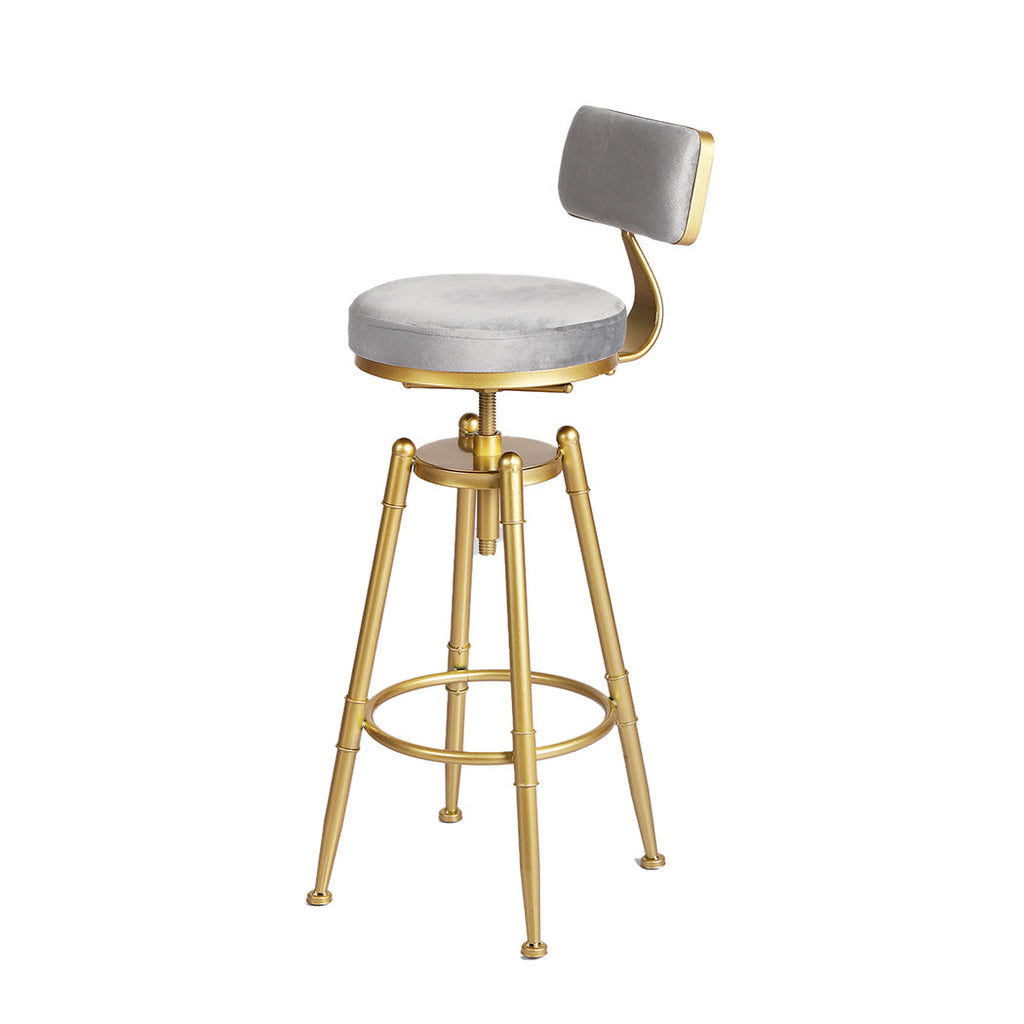 Grey velvet counter bar stool featuring an adjustable golden steel base and plush backrest.
