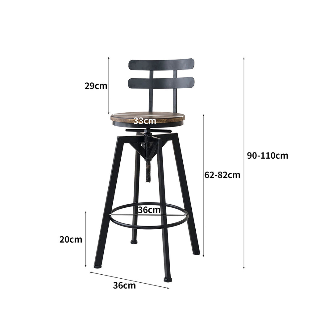 Industrial adjustable bar stool featuring a brown solid pine wood seat and sturdy dark metal frame — view 2