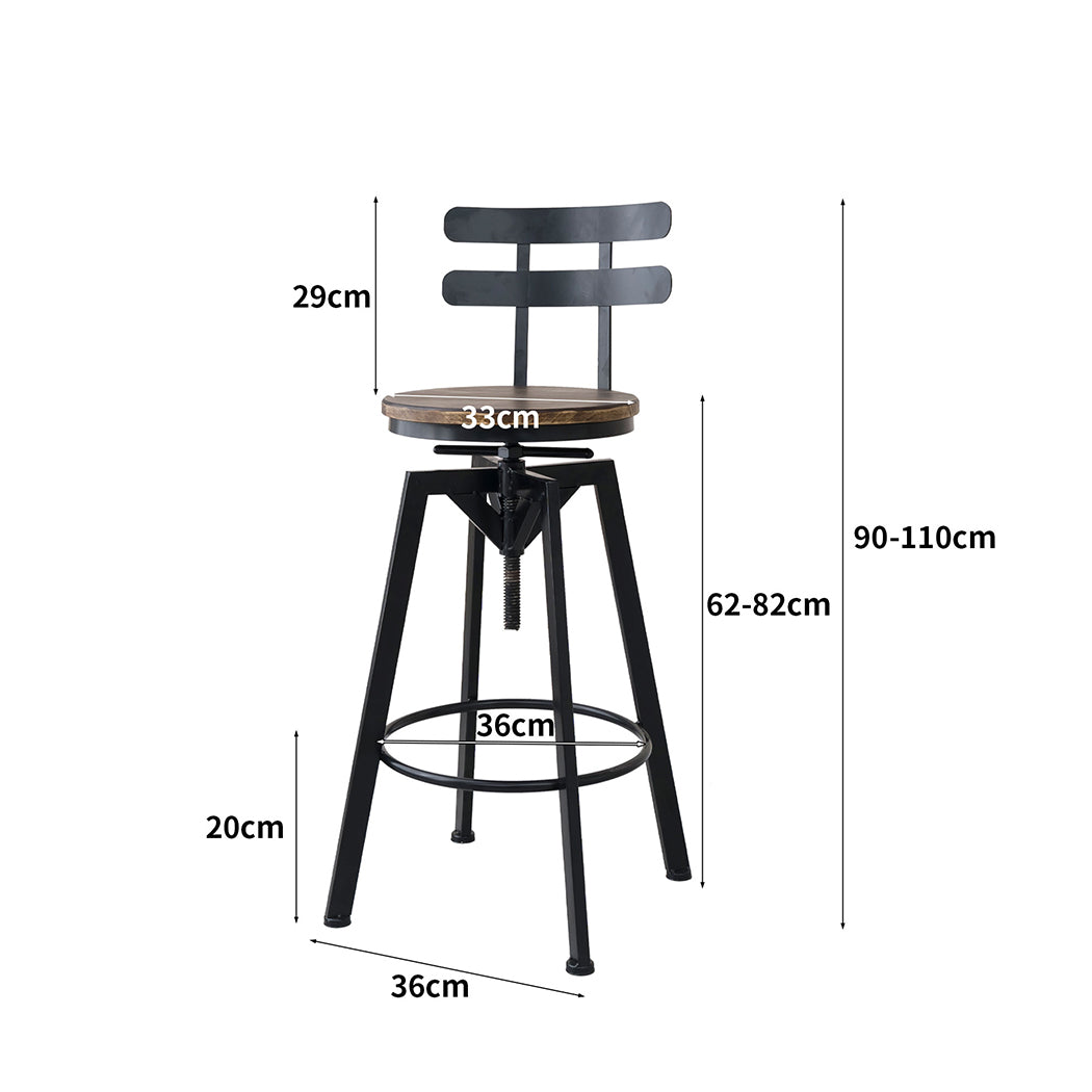 Industrial adjustable bar stool featuring a brown solid pine wood seat and sturdy dark metal frame — view 2