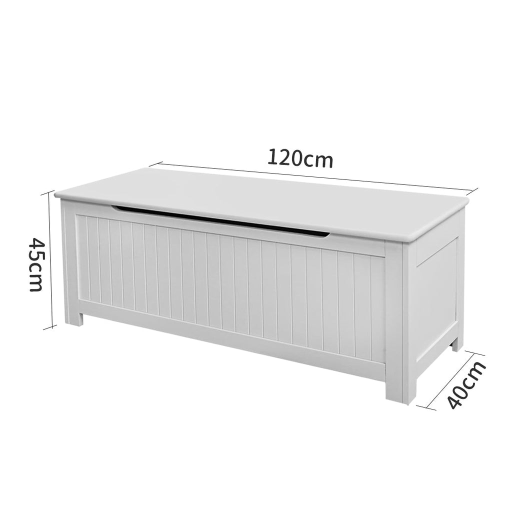 White wooden kids toy box storage chest with open lid showing soft-close safety hinges — view 2