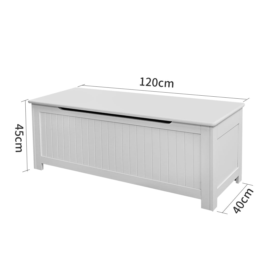 White wooden kids toy box storage chest with open lid showing soft-close safety hinges — view 2