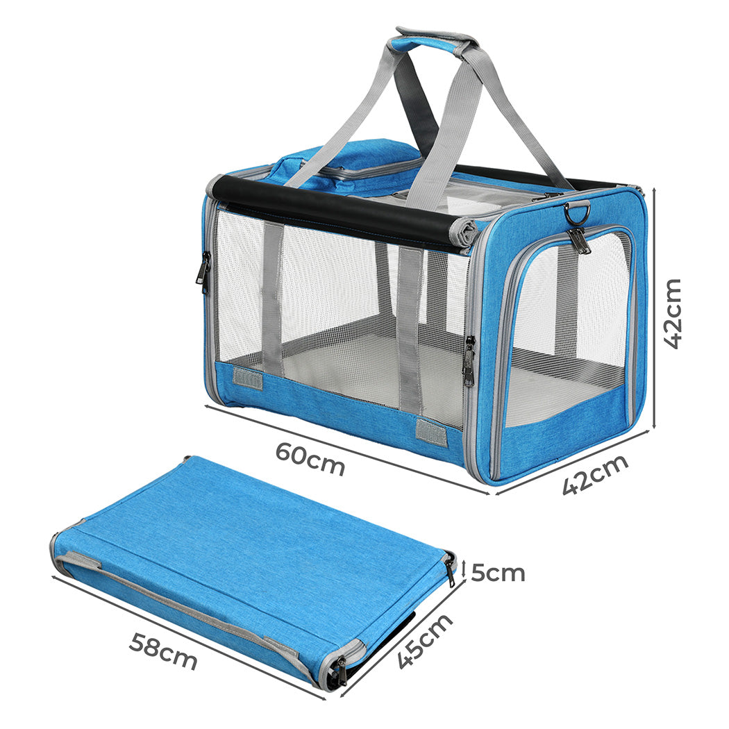Large blue Pawz portable pet carrier bag with breathable mesh panels and comfortable shoulder strap — view 2