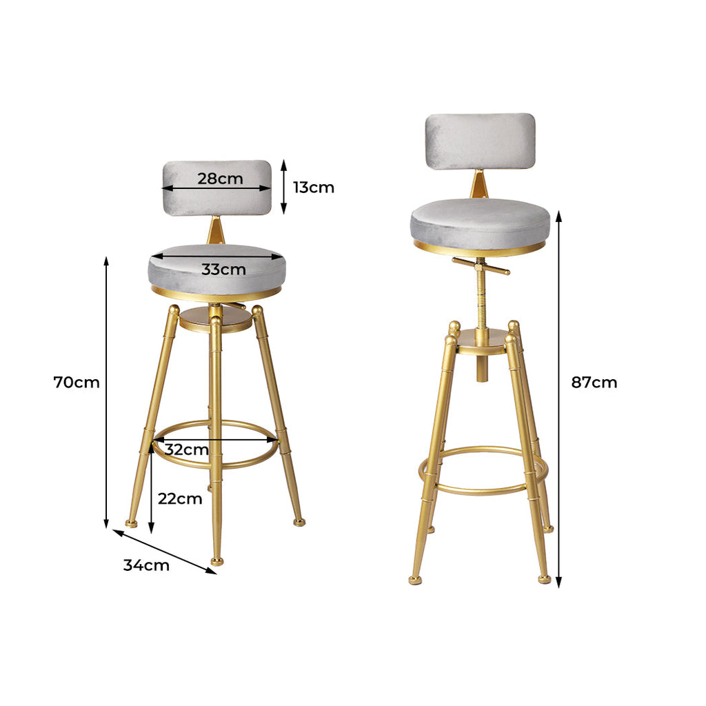 Grey velvet counter bar stool featuring an adjustable golden steel base and plush backrest. — view 2
