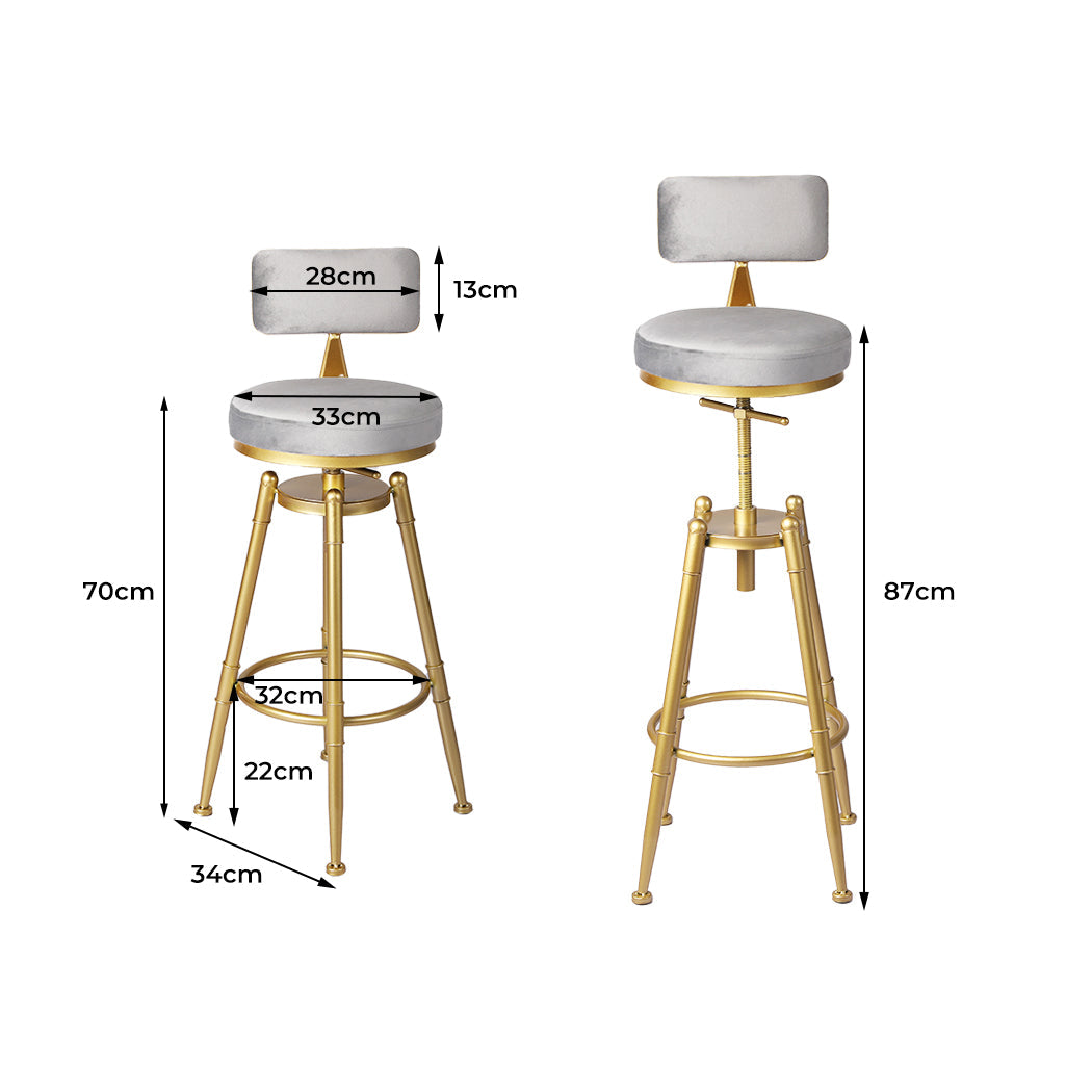 Grey velvet counter bar stool featuring an adjustable golden steel base and plush backrest. — view 2