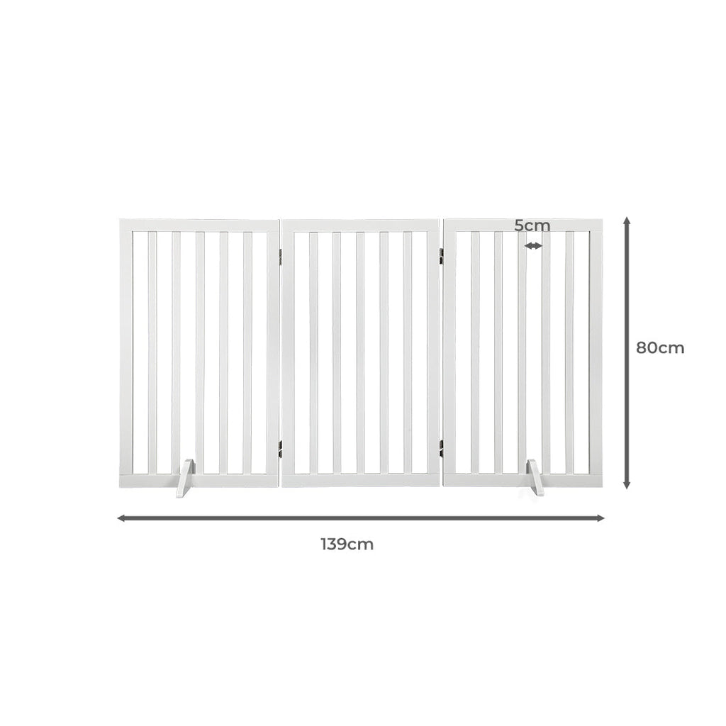 White freestanding wooden pet gate with foldable panels and rubber feet for indoor dog safety — view 2