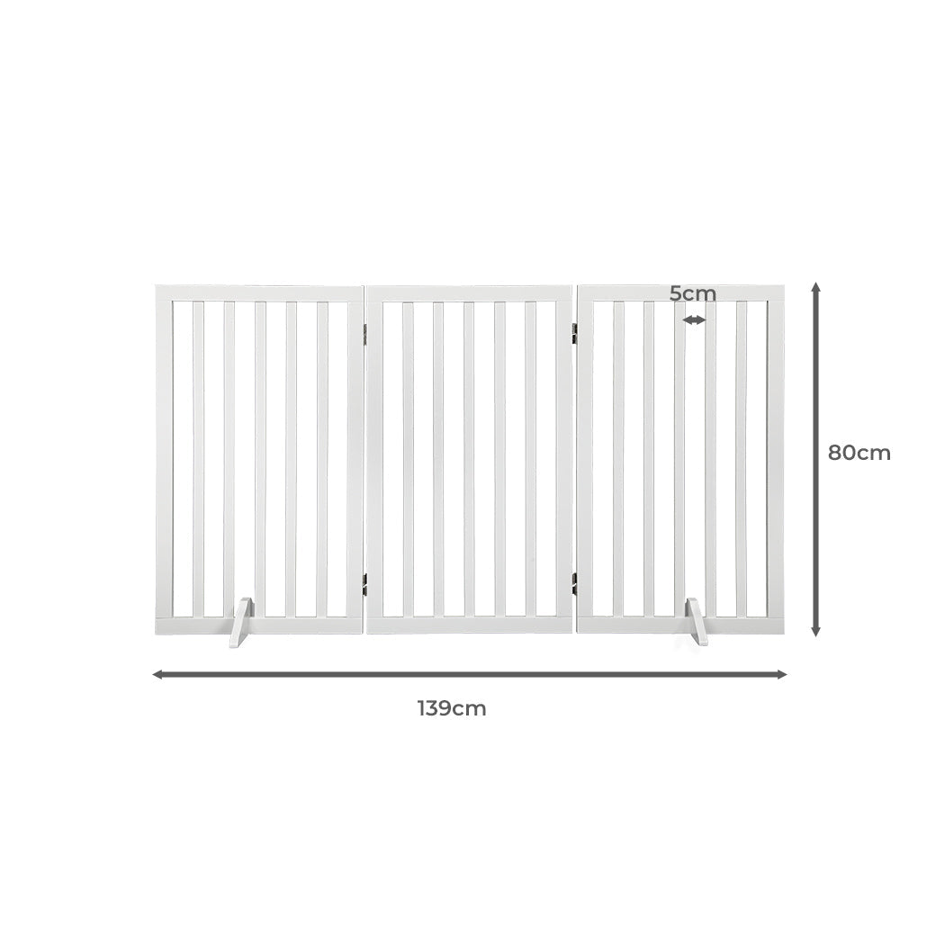 White freestanding wooden pet gate with foldable panels and rubber feet for indoor dog safety — view 2