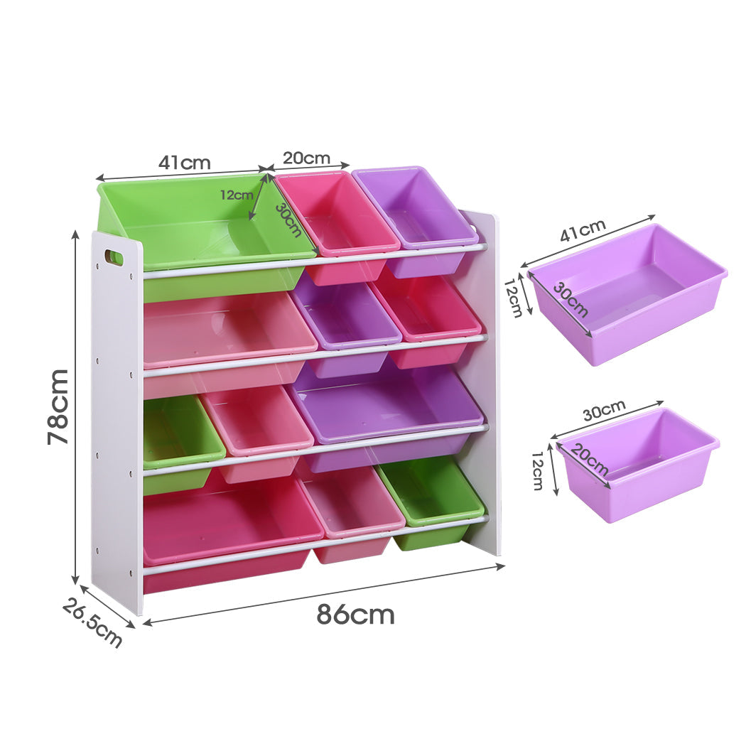 White wooden kids toy organizer bookshelf featuring 12 colorful plastic storage bins in various sizes — view 2