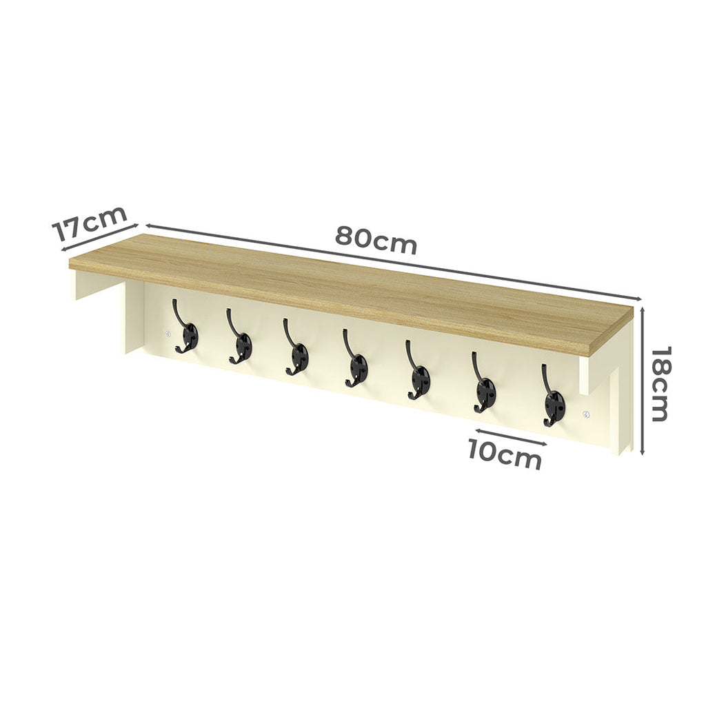 Cream wall mounted coat rack with natural oak top shelf and seven metal double hanging hooks — view 2