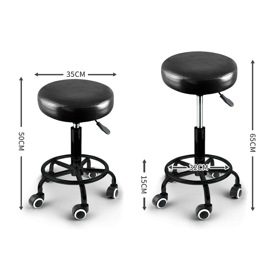 Set of two black PU leather Levede swivel bar stools with casters and circular footrests — view 2