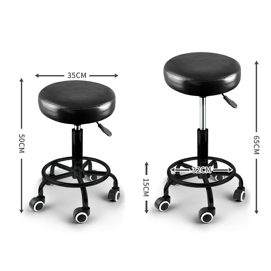 Set of two black PU leather Levede swivel bar stools with casters and circular footrests — view 2