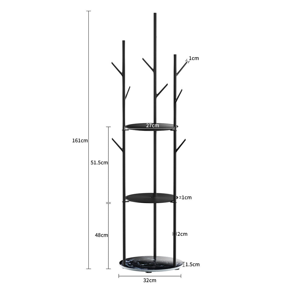 Black steel coat rack with gold accents, storage shelves, hooks, and a faux marble base — view 2