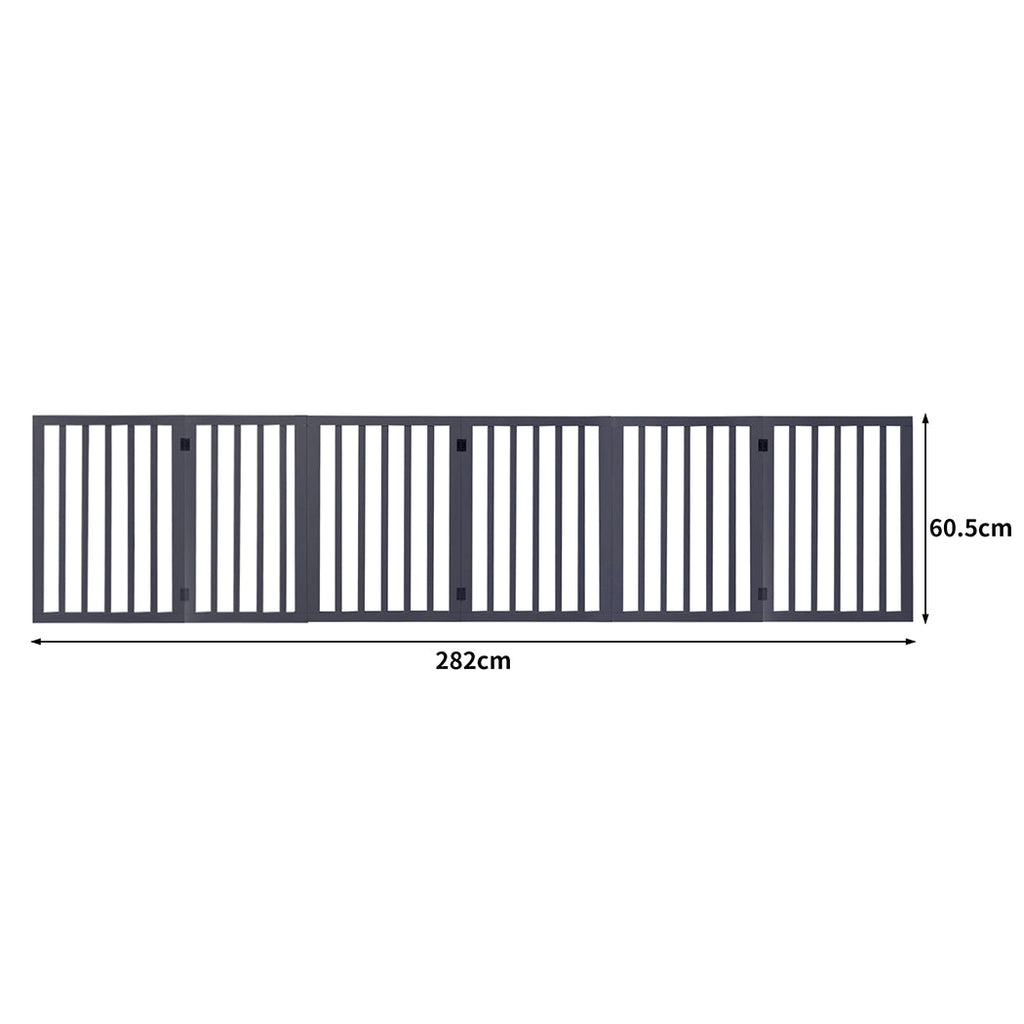 Freestanding grey wooden six panel pet gate folded open on a smooth indoor floor — view 2