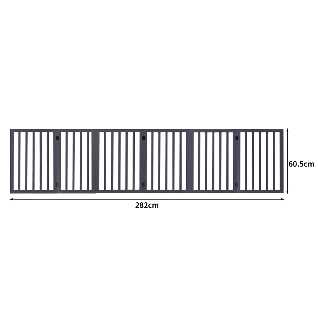 Freestanding grey wooden six panel pet gate folded open on a smooth indoor floor — view 2