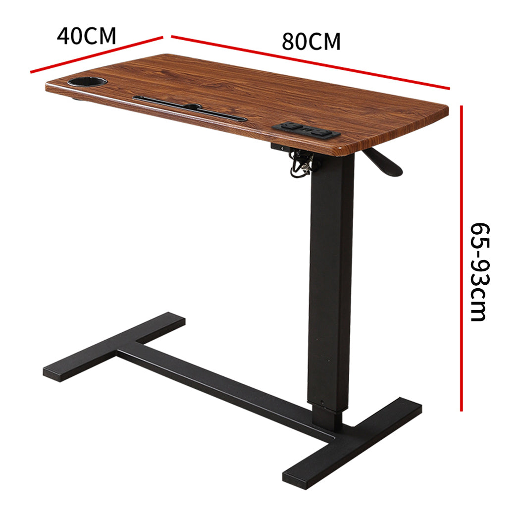 Light brown height adjustable standing desk with steel frame and built in charging ports — view 2
