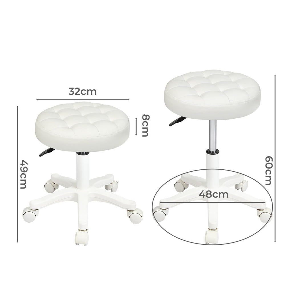 Beige PU leather rolling salon stool with 360 degree swivel wheels and adjustable steel frame — view 2