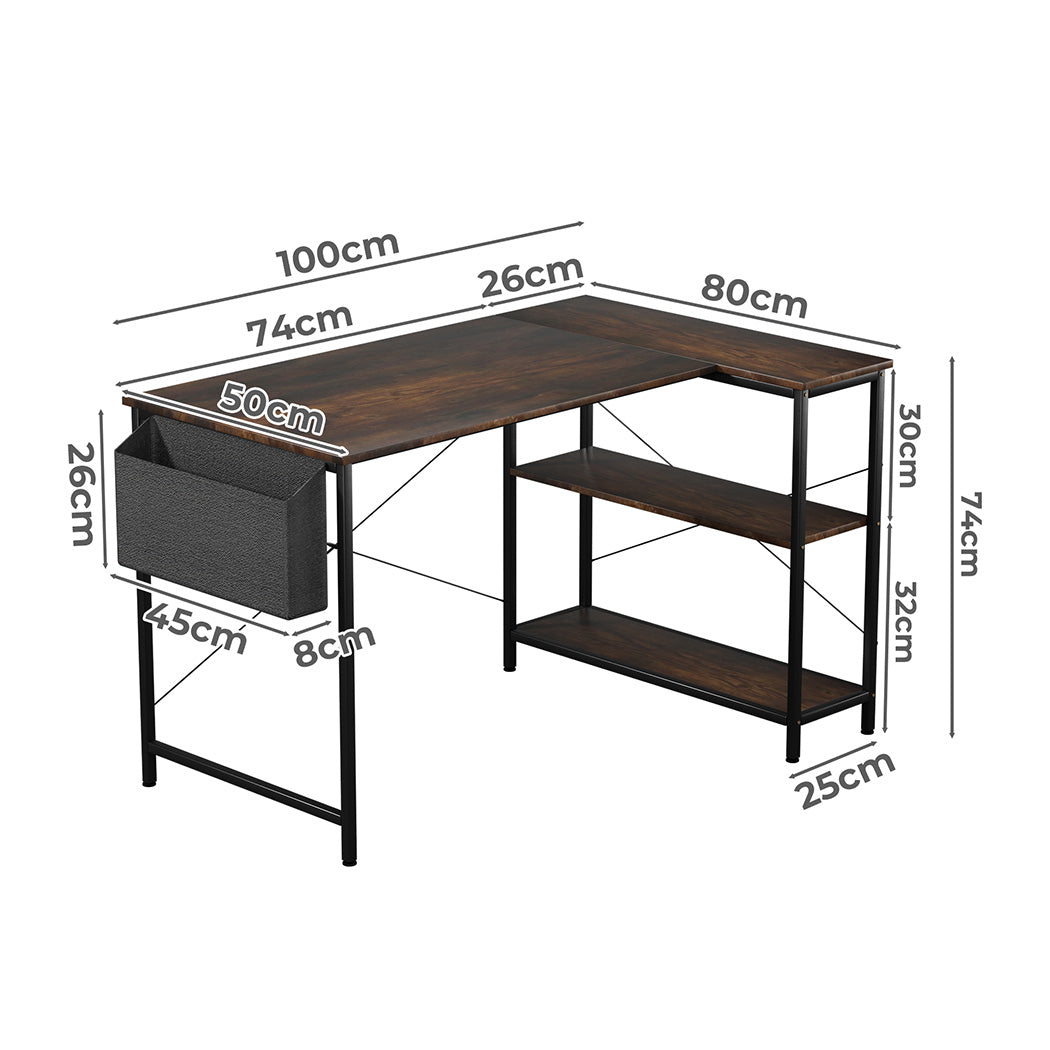 Brown industrial L-shaped computer desk with steel frame and three-tier storage rack — view 2