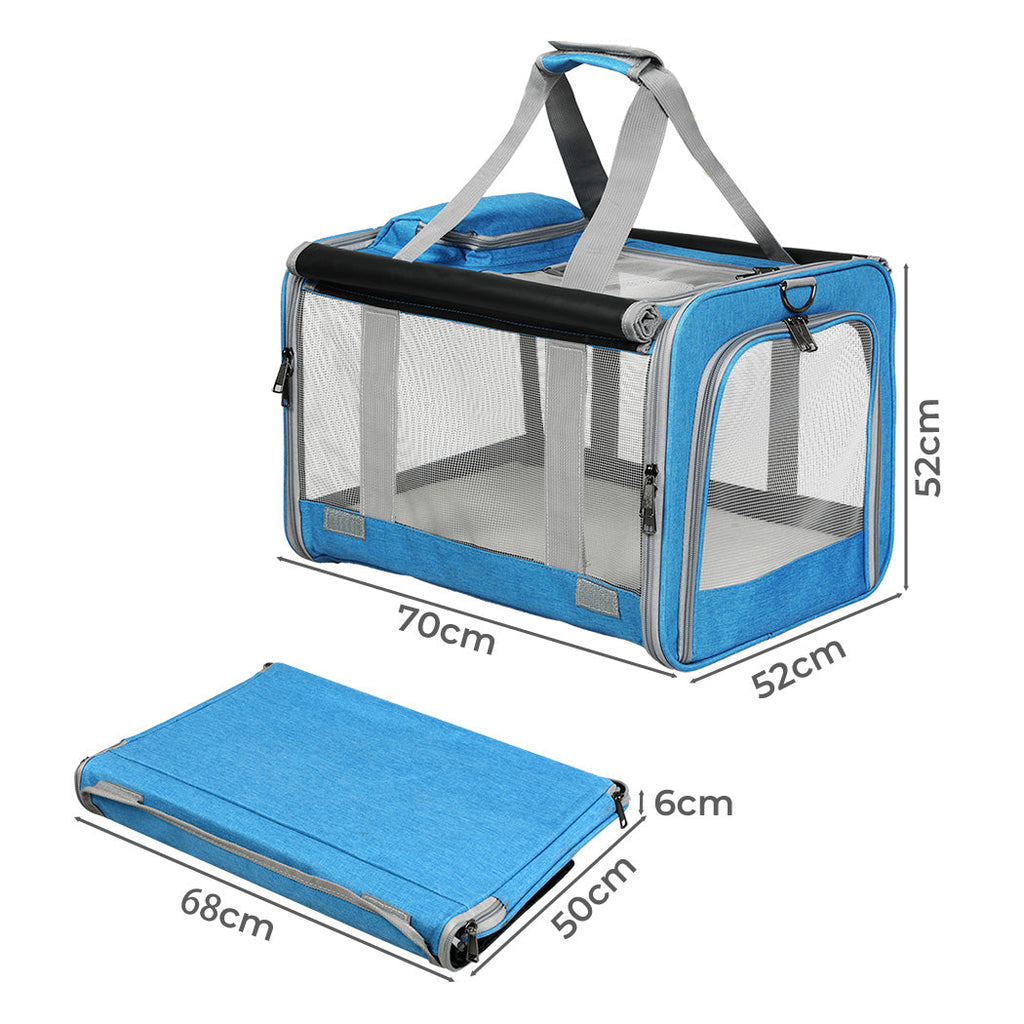 Blue foldable soft pet carrier bag with breathable mesh windows and comfortable shoulder strap. — view 2