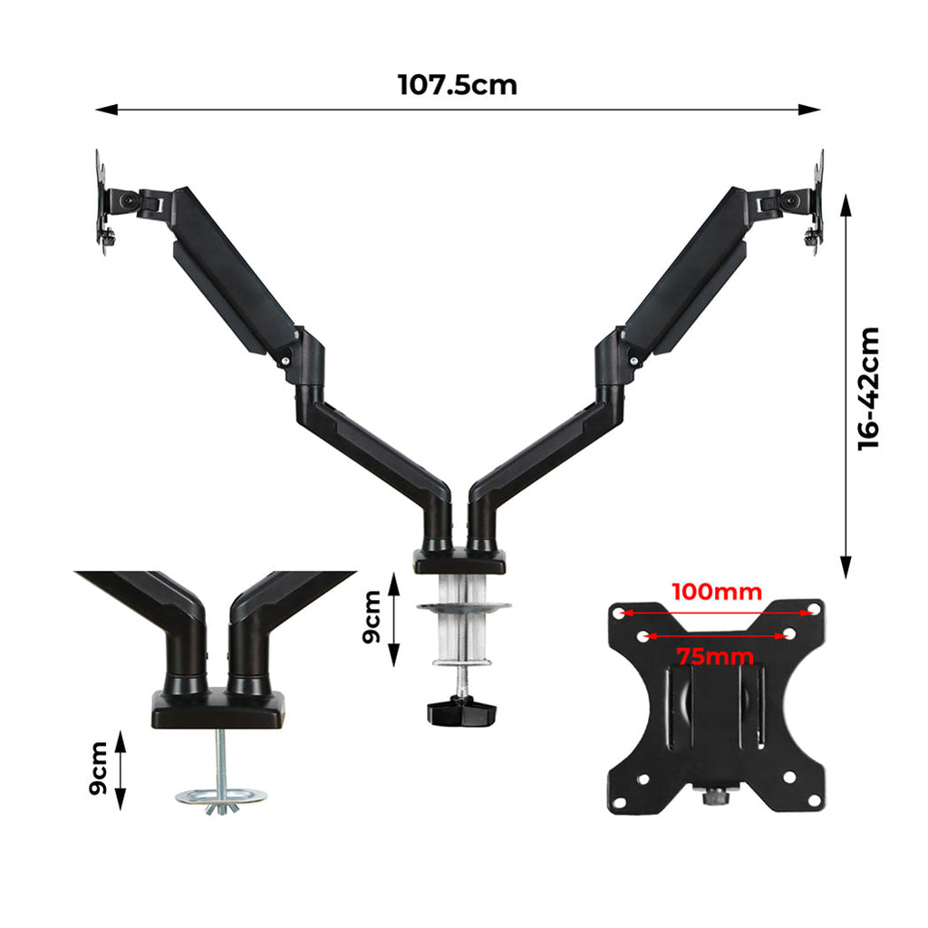Black aluminum dual monitor arm stand featuring adjustable desk mounts and 360-degree rotation capabilities — view 2