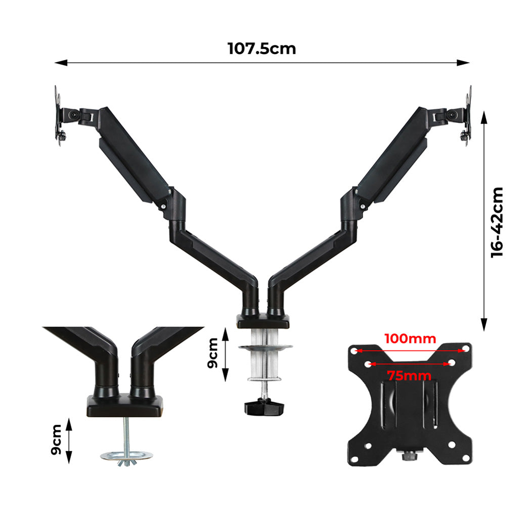 Black aluminum dual monitor arm stand featuring adjustable desk mounts and 360-degree rotation capabilities — view 2