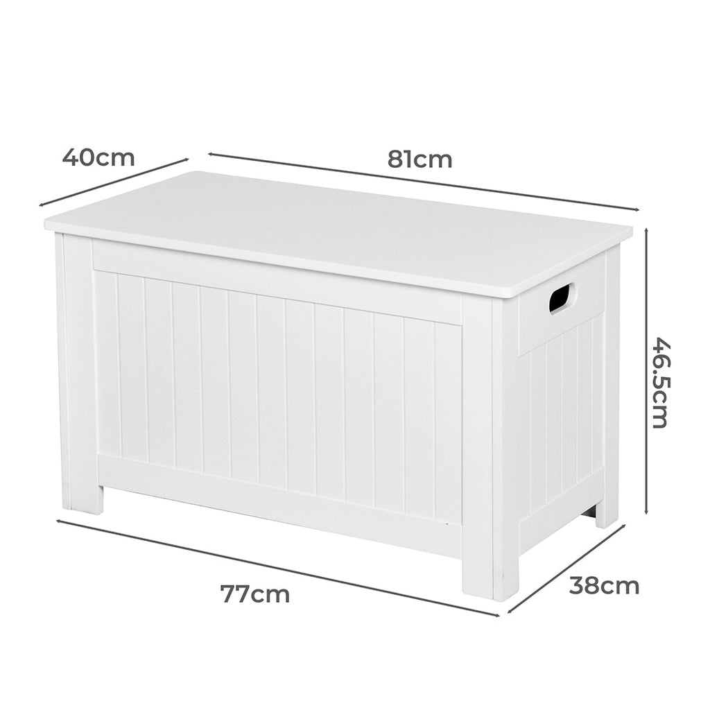White kids toy box storage chest with soft-close hinges, used as a bench or table — view 2