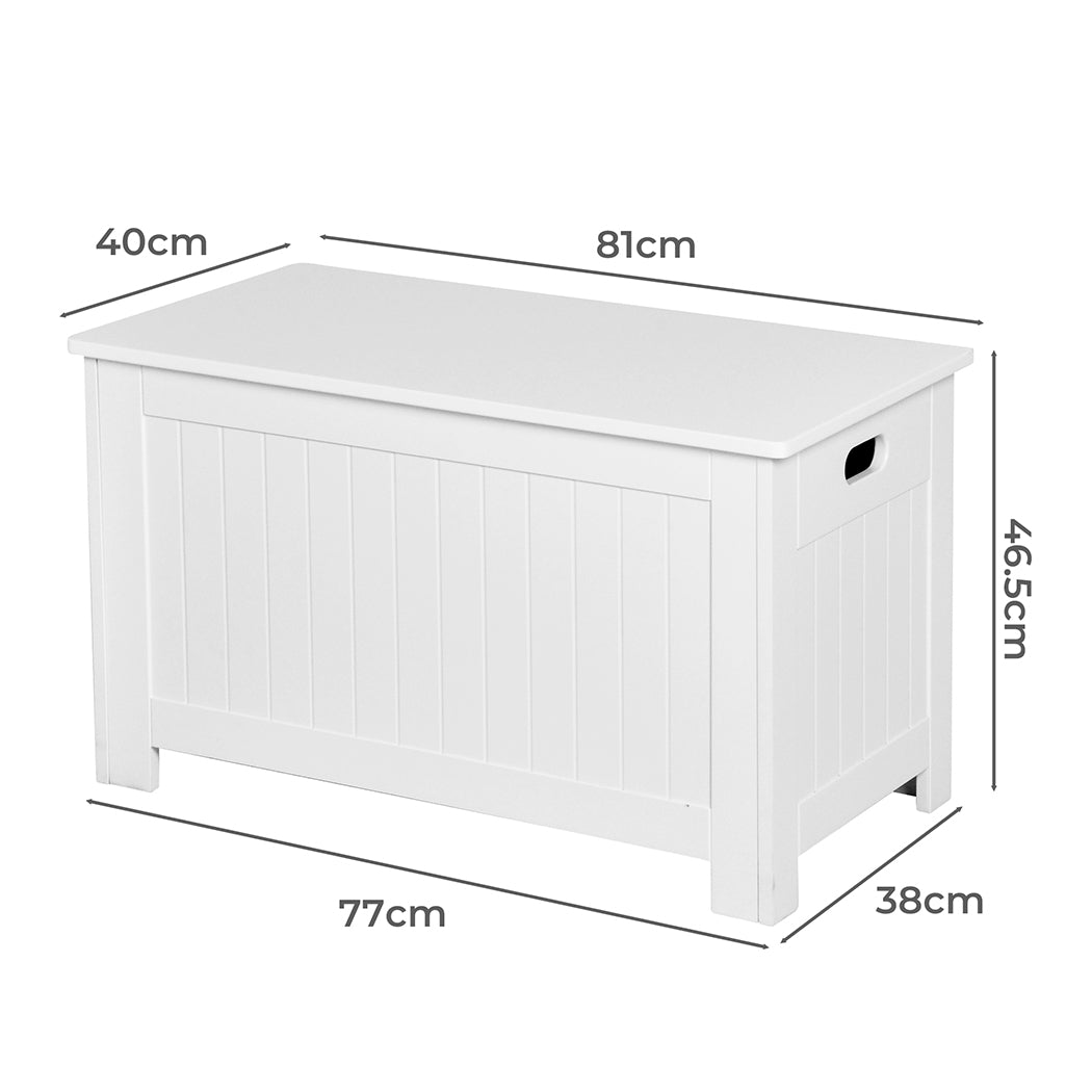 White kids toy box storage chest with soft-close hinges, used as a bench or table — view 2