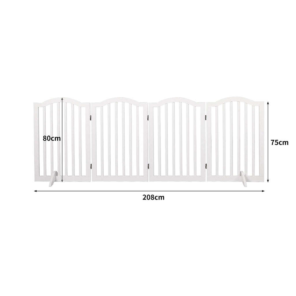 White wooden pet gate freestanding dog fence with multiple folding panels and support feet — view 2