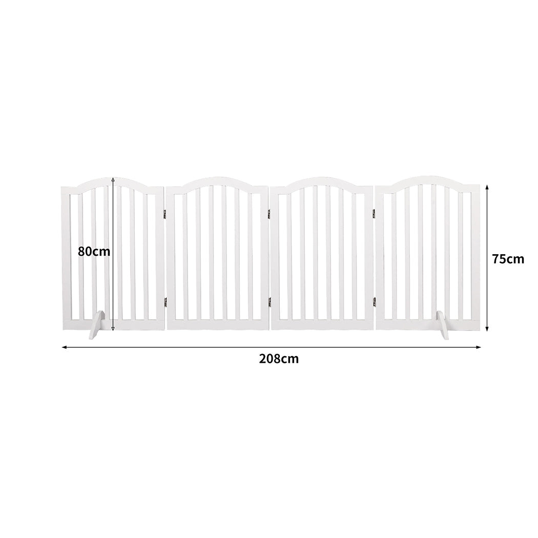 White wooden pet gate freestanding dog fence with multiple folding panels and support feet — view 2