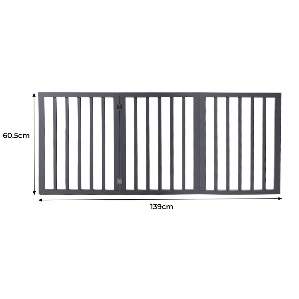 Grey wooden freestanding three panel pet gate folded out on a flat floor surface — view 2