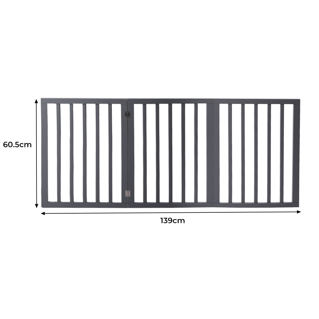 Grey wooden freestanding three panel pet gate folded out on a flat floor surface — view 2