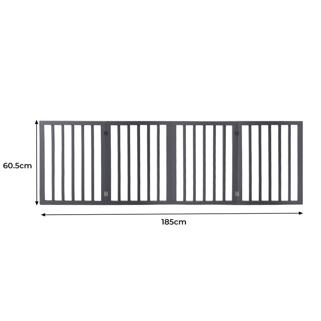 Grey wooden freestanding foldable pet gate with three panels and anti-scratch rubber feet — view 2