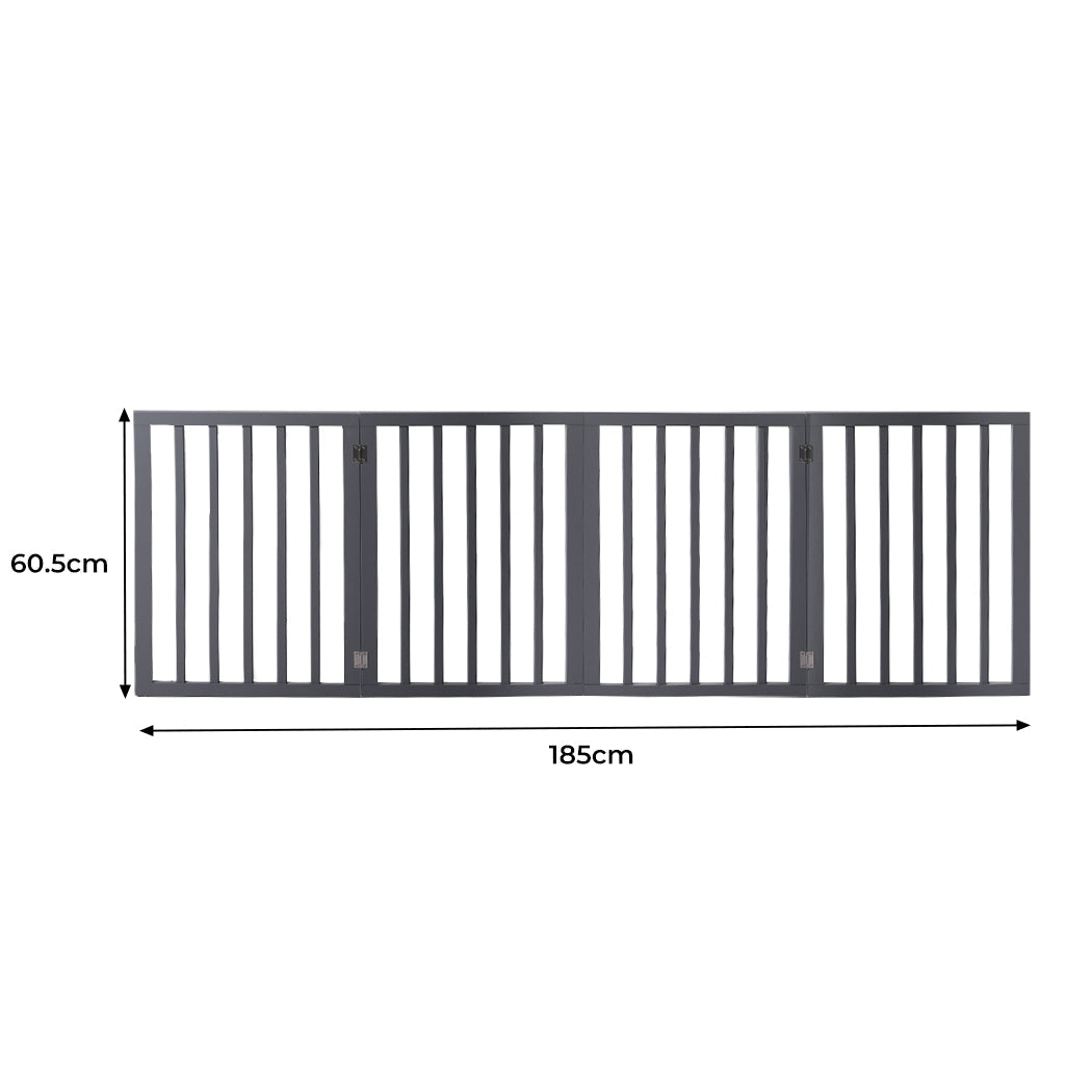 Grey wooden freestanding foldable pet gate with three panels and anti-scratch rubber feet — view 2
