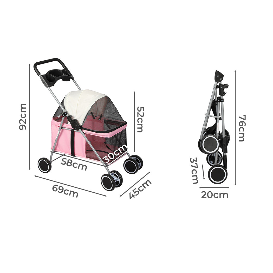 Pink foldable PaWz pet stroller with breathable canopy, detachable carrier basket, and sturdy black wheels. — view 2