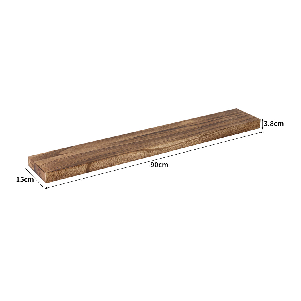 Two natural Paulownia wood floating shelves mounted on a wall displaying decorative living room items — view 2