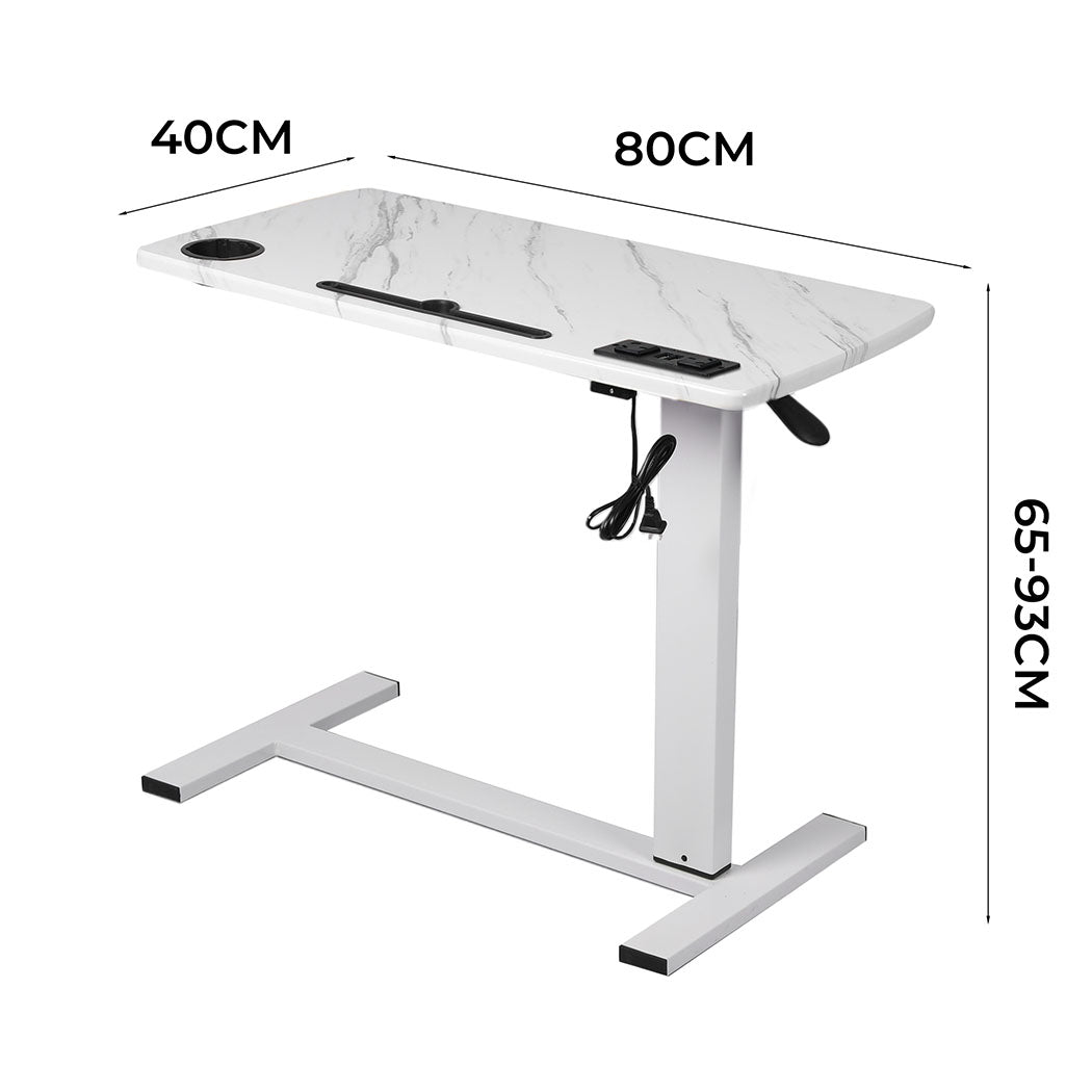 White adjustable standing desk with built in USB ports, tablet groove, and hidden wheels — view 2
