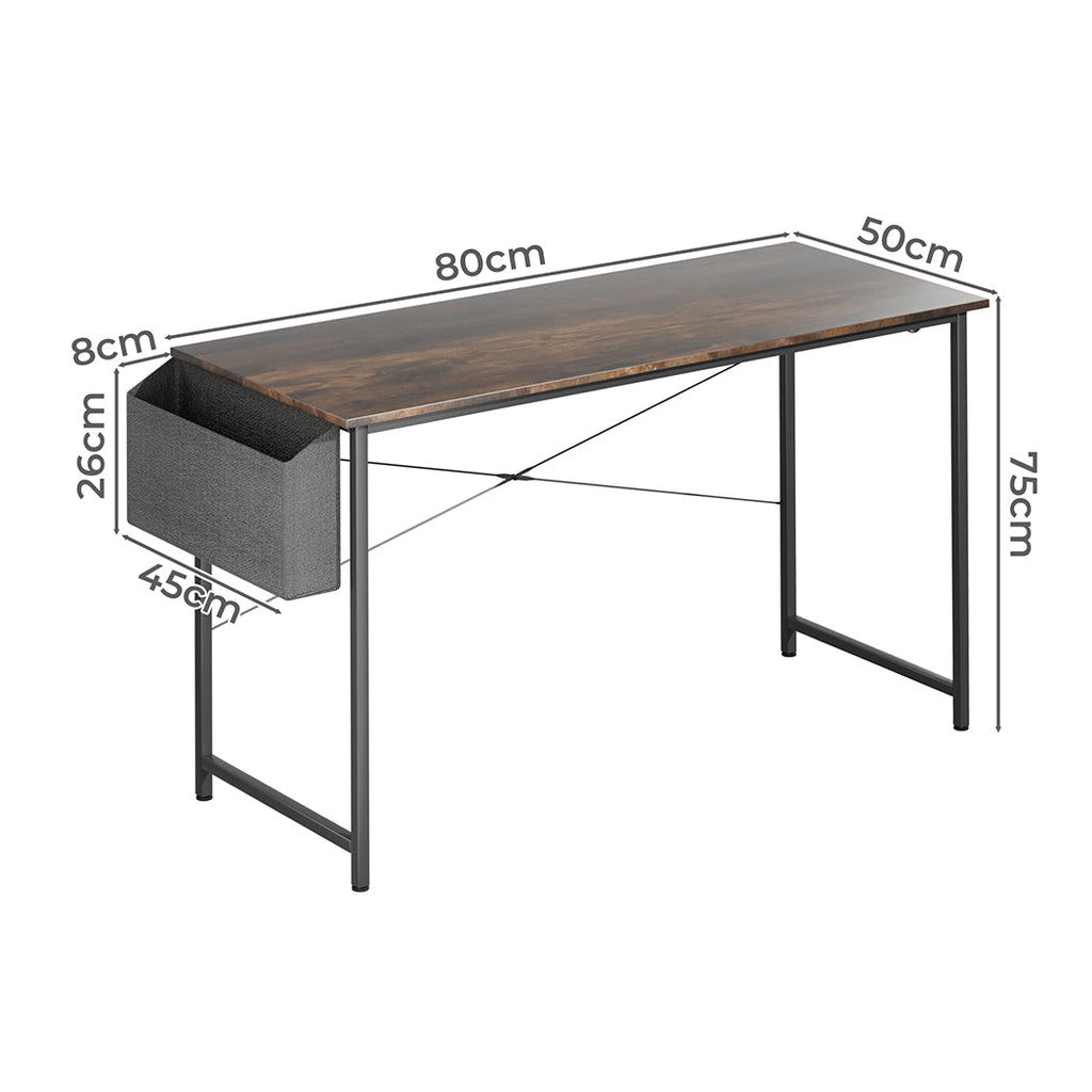 Levede 80cm computer desk with brown MDF top, black metal frame, and side storage bag — view 2
