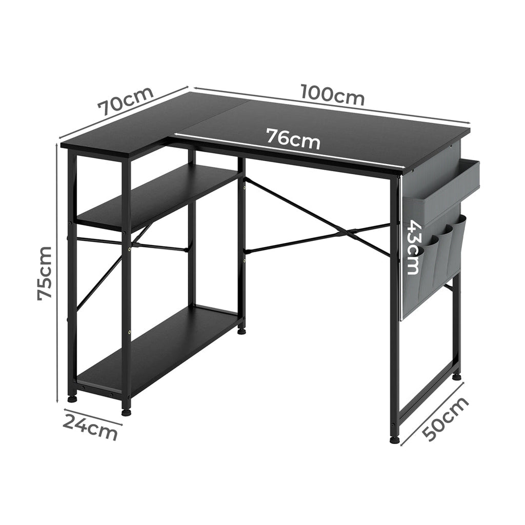 Black L-shaped gaming computer desk with steel frame and fabric storage bag for modern offices. — view 2
