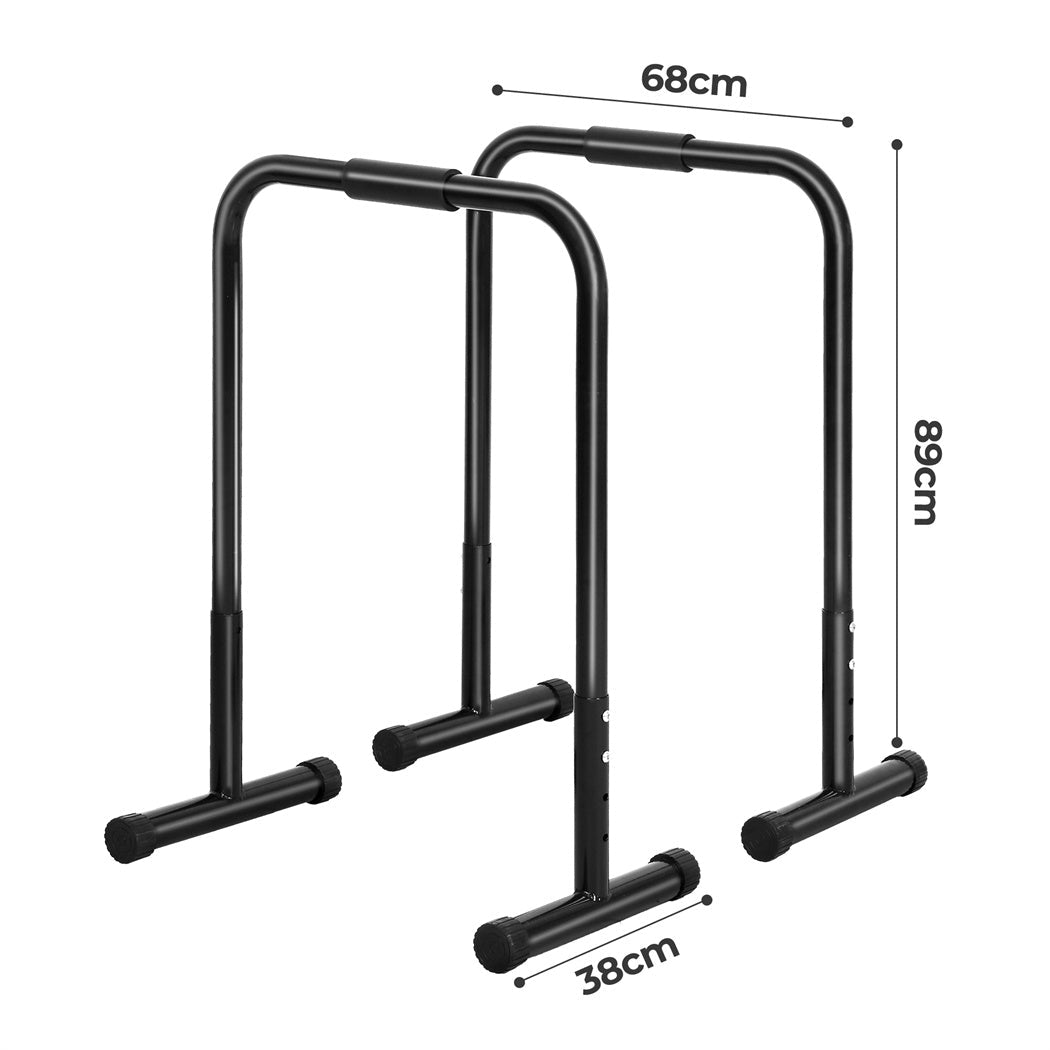 Black adjustable parallel dip bar station made of steel for home gym workouts — view 2