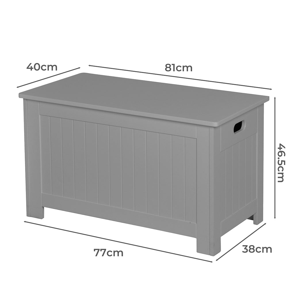 Grey wooden kids toy box storage chest with soft close hinges functioning as a bench — view 2