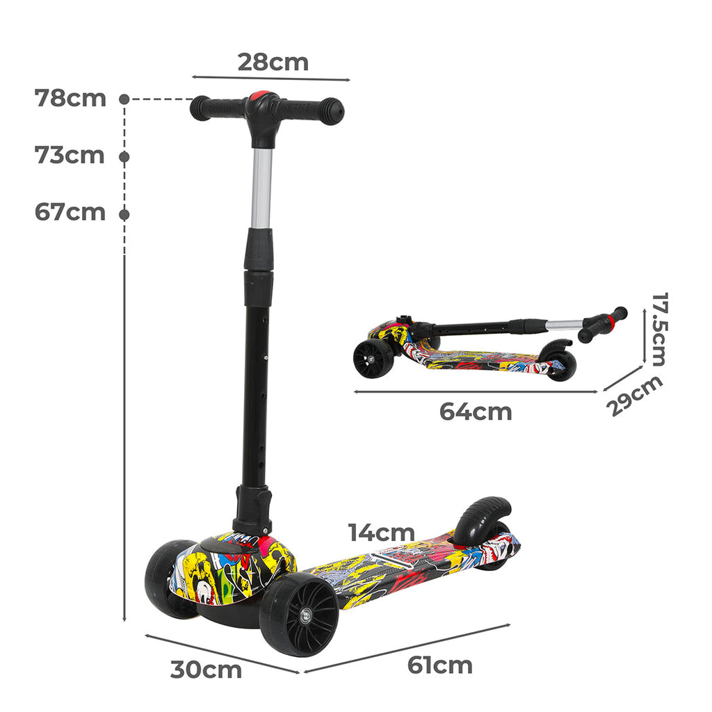 Blue foldable kids three wheel scooter with flashing LED wheels and adjustable height handlebars — view 2