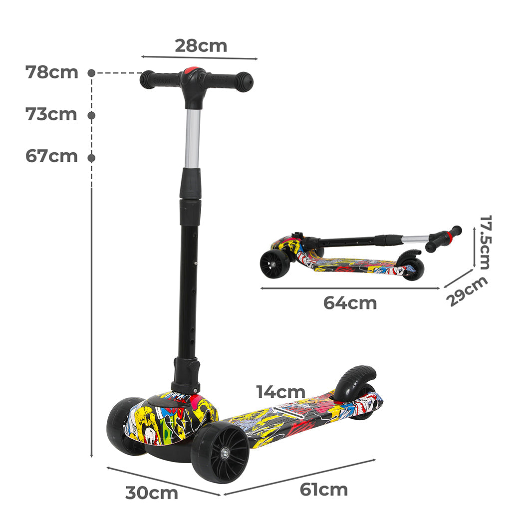 Blue foldable kids three wheel scooter with flashing LED wheels and adjustable height handlebars — view 2