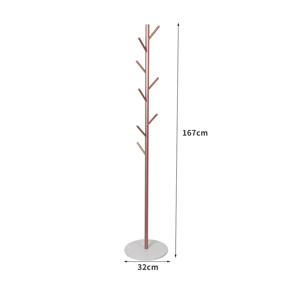Rose gold freestanding coat rack with eight branch hooks and a faux marble base — view 2