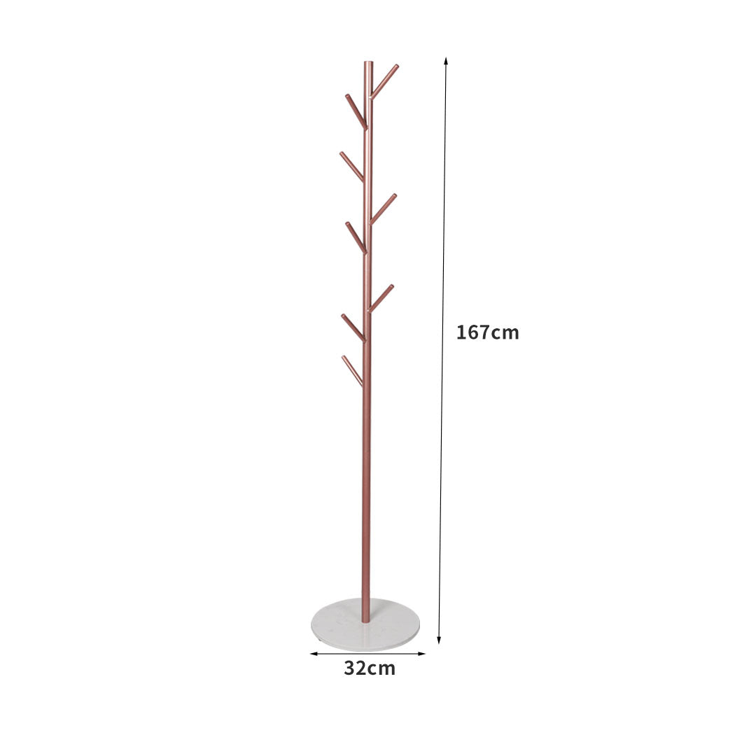 Rose gold freestanding coat rack with eight branch hooks and a faux marble base — view 2