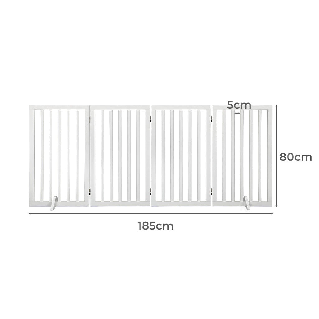 White freestanding wooden pet gate with steel hinges folded in a protective zigzag pattern — view 2