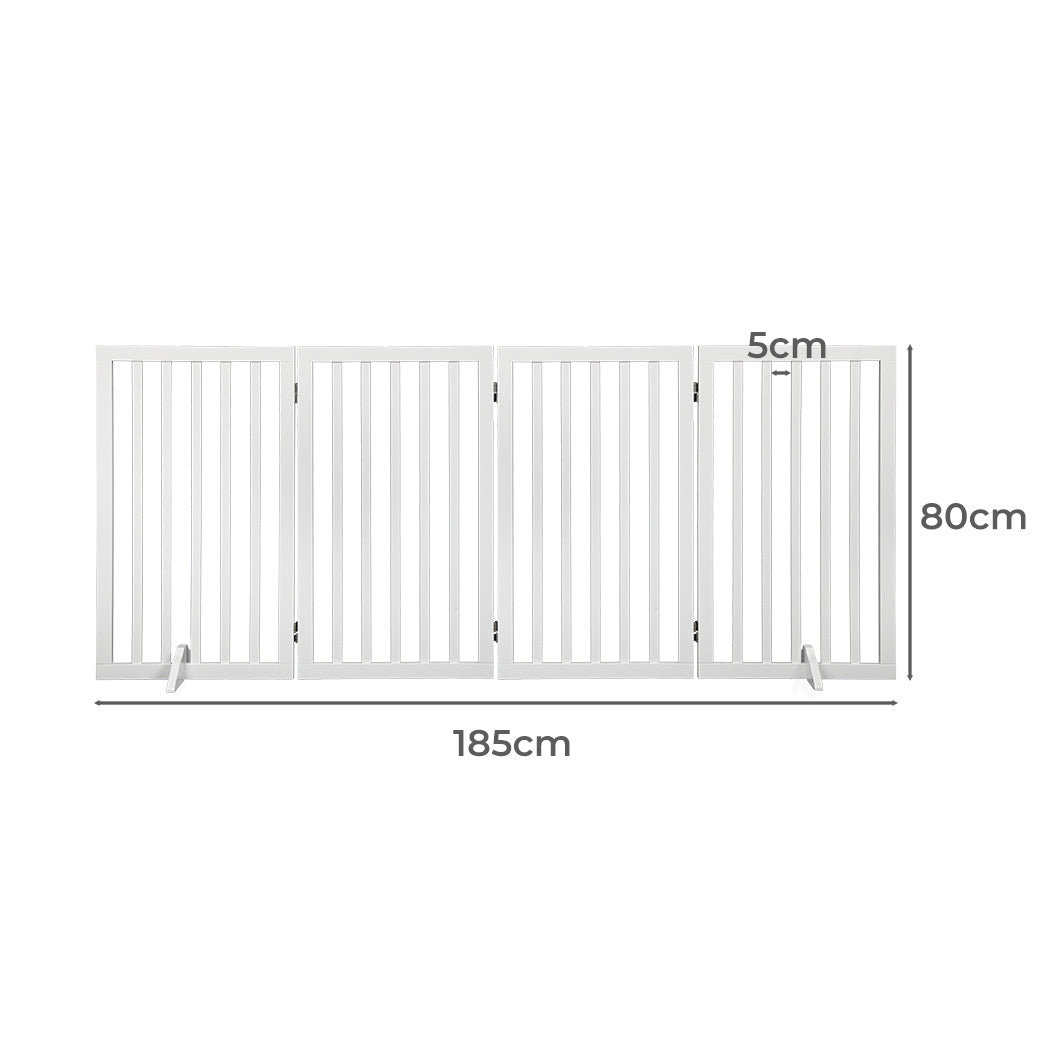 White freestanding wooden pet gate with steel hinges folded in a protective zigzag pattern — view 2