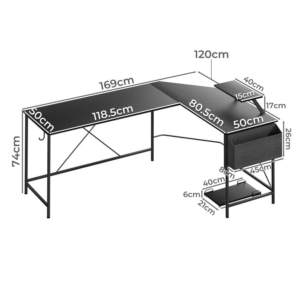 Black L-shaped corner desk with movable monitor stand and side storage bag for home office — view 2