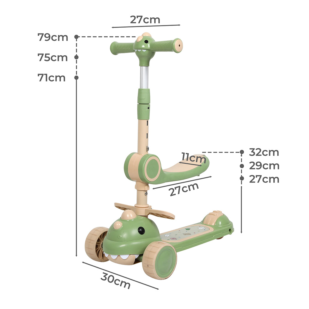 Green BoPeep foldable kids scooter with three LED wheels and an adjustable flip-able seat. — view 2