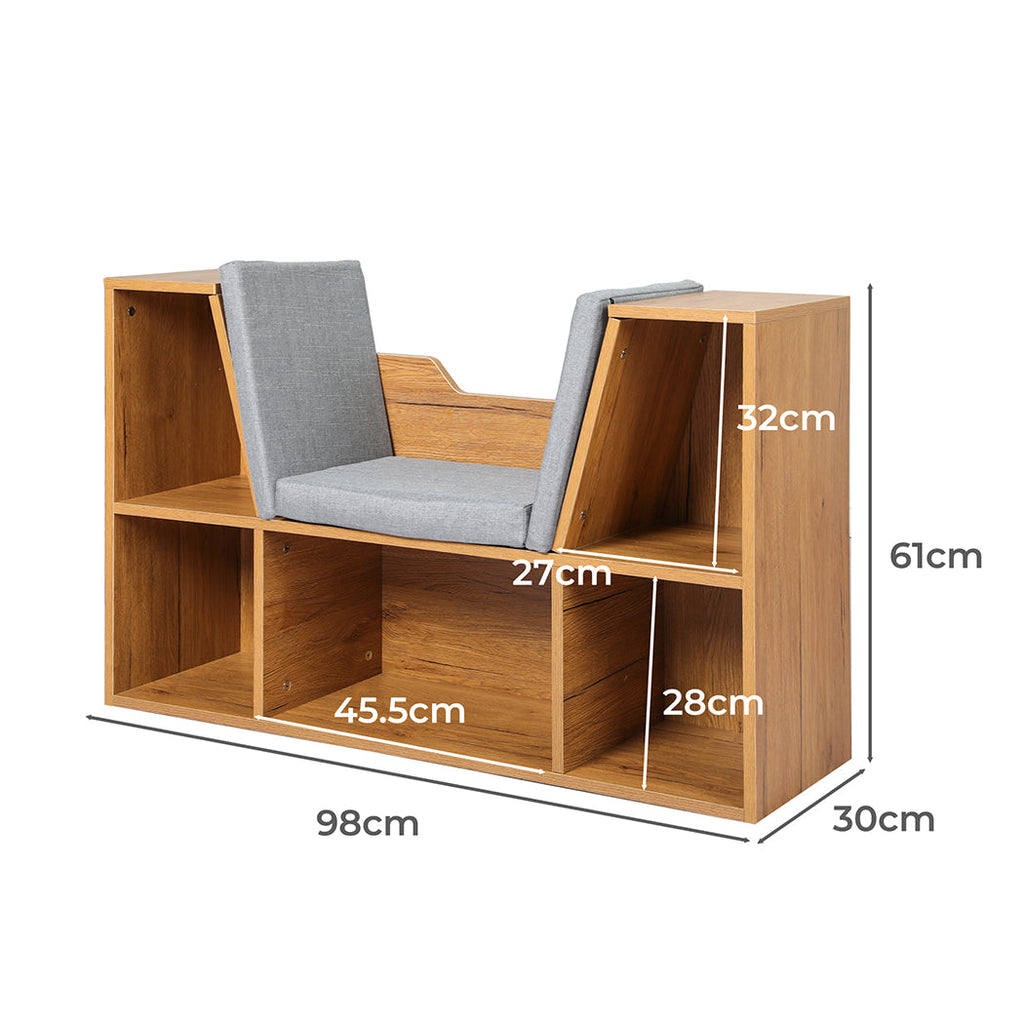 Brown wooden kids bookcase and toy box storage shelf with padded seating cushion — view 2