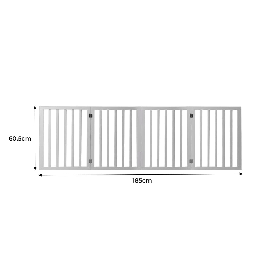 White freestanding wooden pet gate with three folding panels for indoor dog safety — view 2