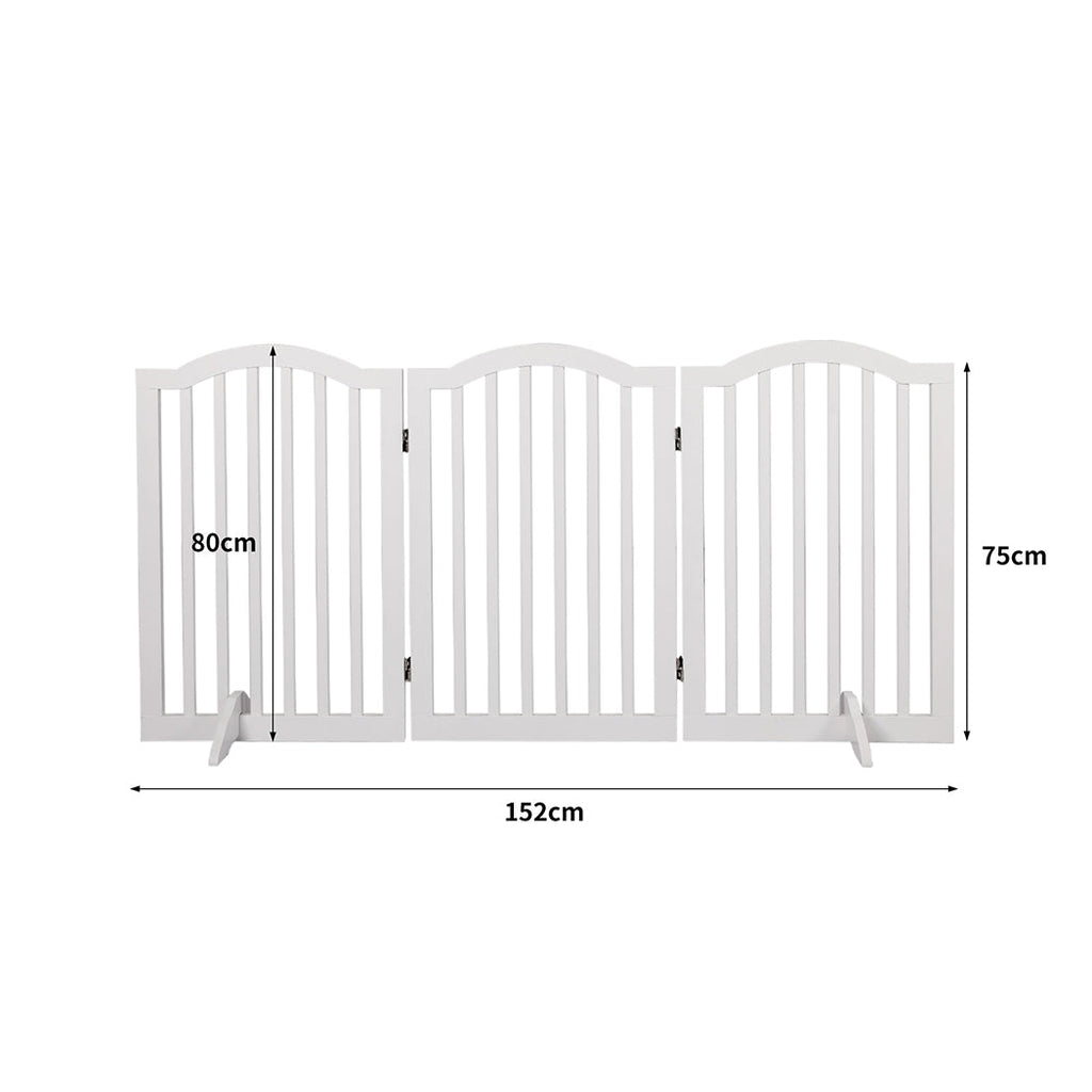 White wooden free-standing pet gate with foldable multi-panel design and stabilizing support feet — view 2