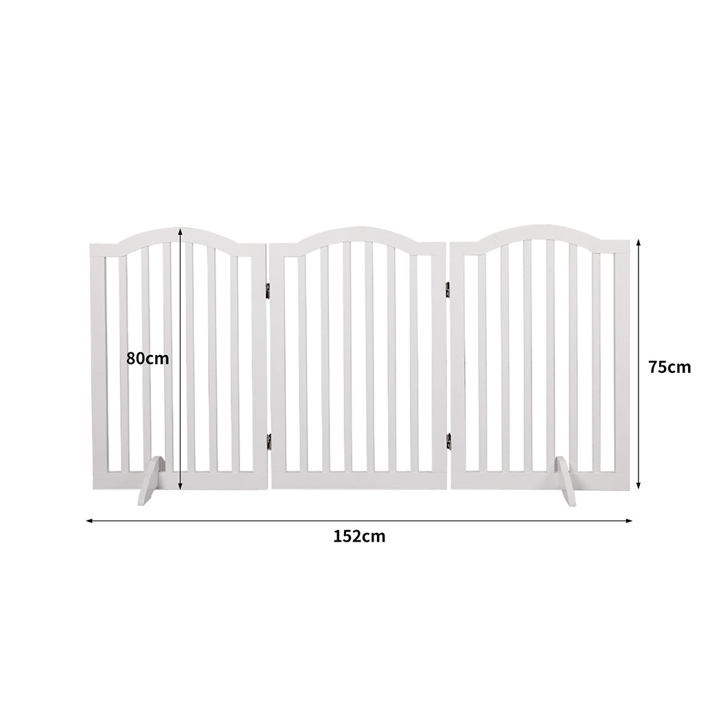 White wooden free-standing pet gate with foldable multi-panel design and stabilizing support feet — view 2